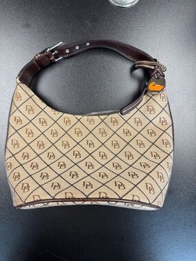 Dooney & Bourke Beige Monogram Shoulder Bag with Brown Leather Trim